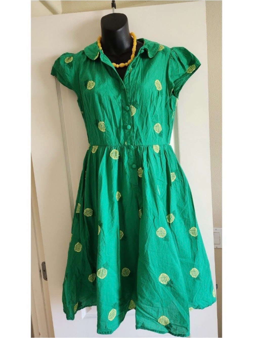 Voodoo Vixen Green Short-Sleeve Fit & Flare Dress with Yellow Dot Print